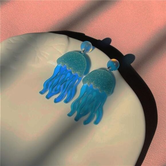 Blue Jellyfish Earrings | Long Tassel Dangle Acrylic Drop Earrings for Women - Picture 5 of 5